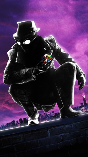 Spider-Man Noir holding a Rubik's Cube