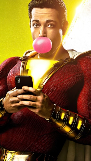Shazam from DC Comics chewing bubblegum and using a smartphone
