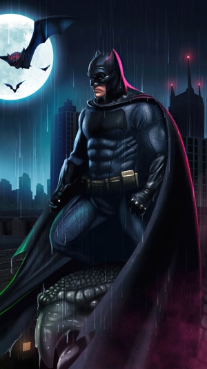 Batman in the rain with bats and moon