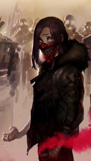 Girl with red mask and fur coat in a crowd