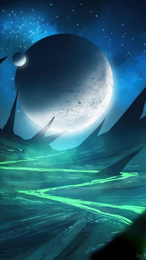 Alien landscape with planets and glowing river
