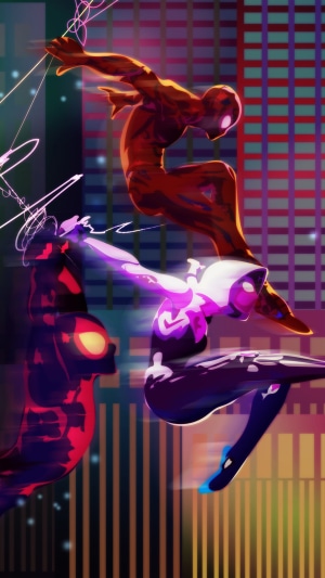 Spider-Man characters swinging through a city at night