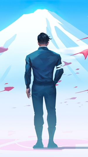 Man in suit facing Mount Fuji with falling petals