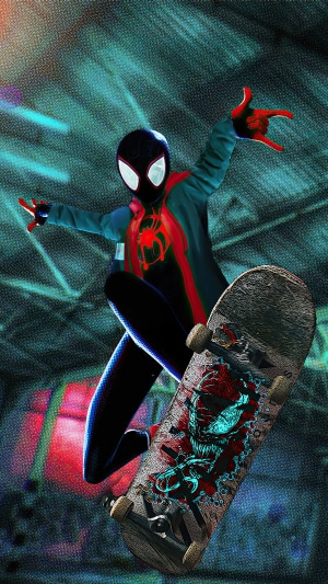 Miles Morales Spider-Man on a skateboard with Venom art