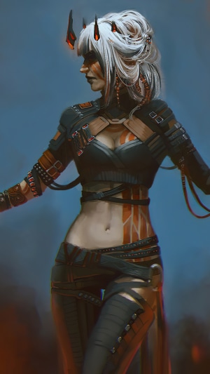 Cyberpunk woman with horns and white hair