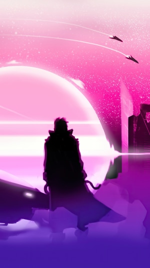 Silhouette of a person in a trench coat with spaceships