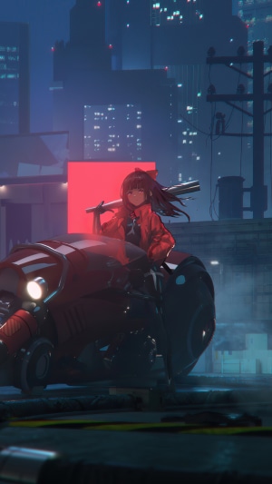 Girl with sword on motorcycle in cyberpunk city
