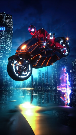 Cyberpunk motorcycle rider in a futuristic city