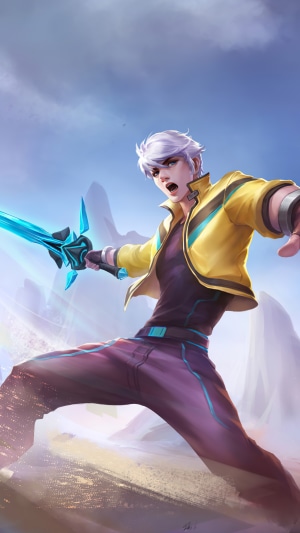 Young man with white hair holding a glowing sword