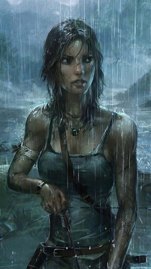 Lara Croft from Tomb Raider in the rain
