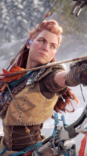 Aloy from Horizon Forbidden West aiming a bow