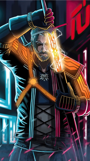 Geralt of Rivia from The Witcher in Cyberpunk Style