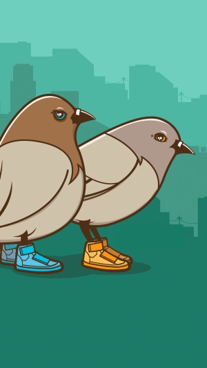 Two birds wearing sneakers in a city
