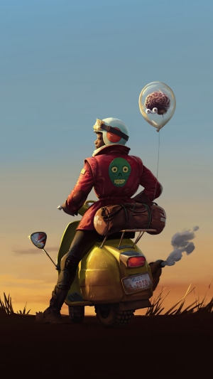 Man on a scooter with a brain balloon