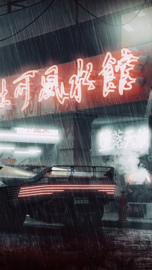 Cyberpunk 2077 car in neon-lit rainy city