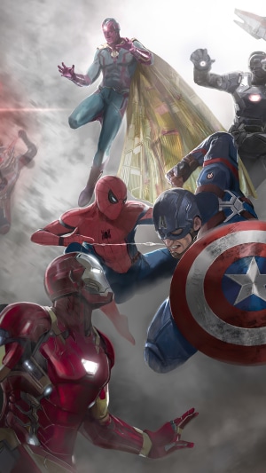 Captain America Civil War artwork featuring Iron Man, Captain America, Spider-Man, and Vision