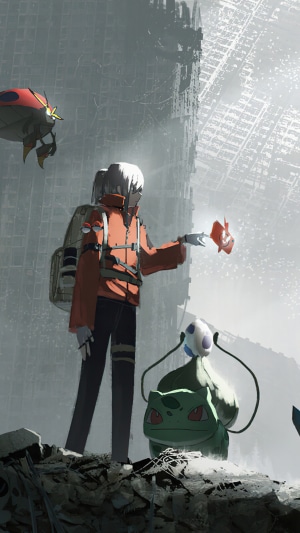 Anime character with Bulbasaur and other Pokemon in ruined city