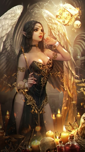 Artwork of an angel with golden wings and dice