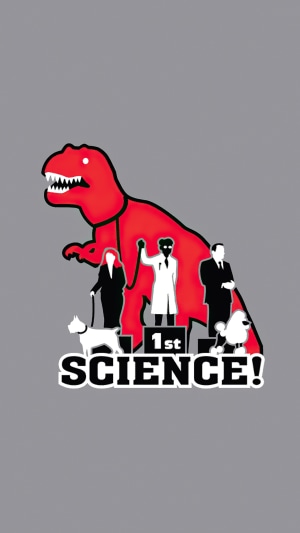 Red Tyrannosaurus Rex with people and dogs on podium