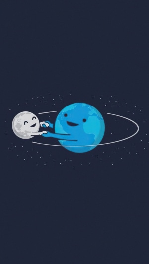 Funny cartoon moon hugging earth in space