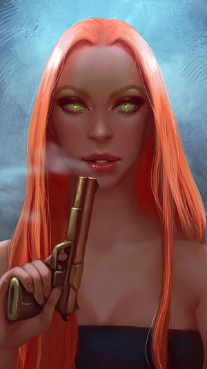Woman with orange hair holding a gun