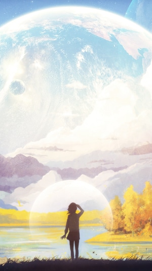 Anime girl looking at a giant planet and moons