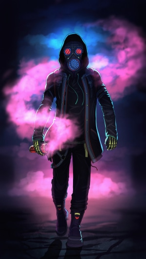 Man in gas mask with pink smoke