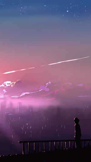 Anime artwork of a person looking at a city at sunset