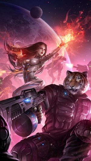 Woman casting fire and tiger-man with gun in space