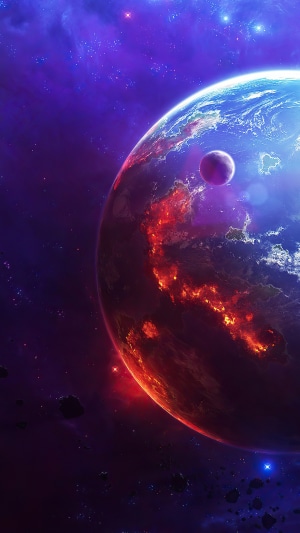 Planet with volcanic activity and a moon in space