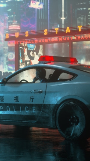 Police car at a bus stop in a neon city