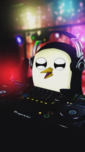 Cartoon penguin DJ with Pioneer equipment