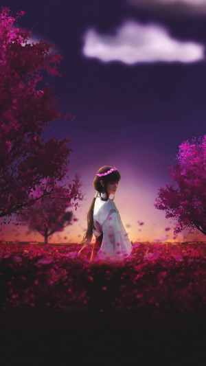 Anime girl with flower crown in a field of flowers