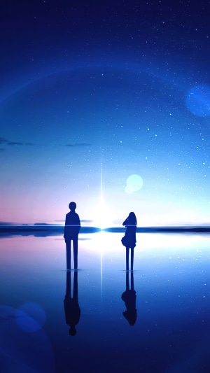 Anime couple watching the starry sky over the ocean