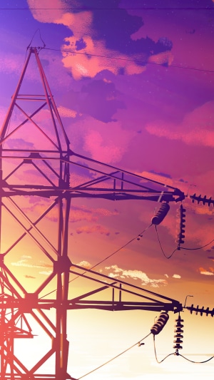 Anime artwork of a power line tower at sunset
