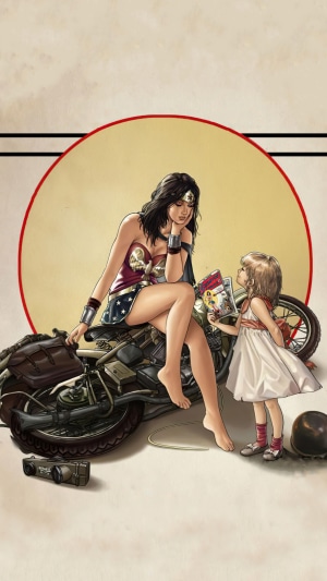Wonder Woman with a child on a motorcycle