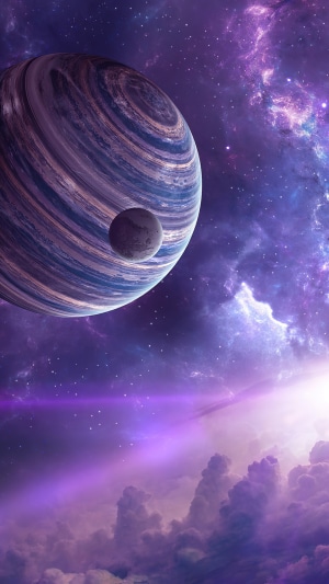 Planet and Moon in a Purple Nebula