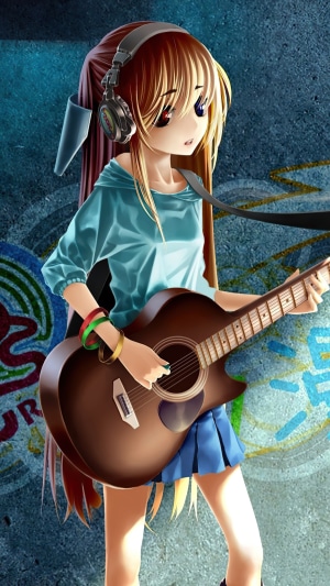 Anime girl with headphones playing guitar