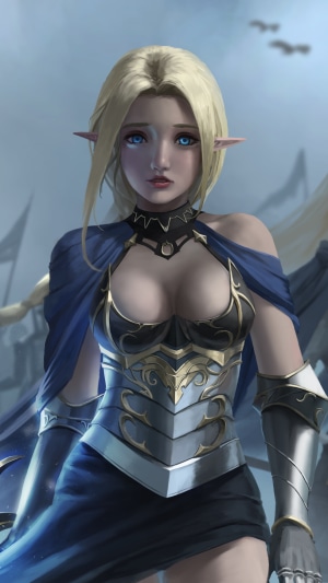 Elf warrior in ornate armor and blue cape