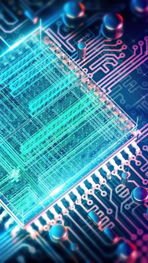 Close-up of a computer motherboard with glowing circuits