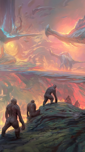 Figures observing a surreal alien landscape