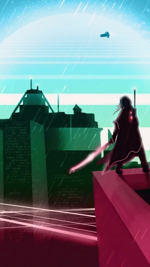Person with glowing sword on rooftop in futuristic city