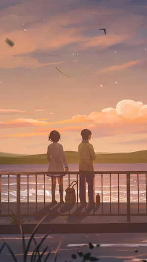 Anime couple watching sunset over water