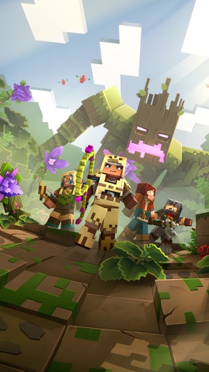 Minecraft Dungeons characters facing a Golem