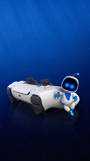 Astro from Astro's Playroom with a PS5 controller