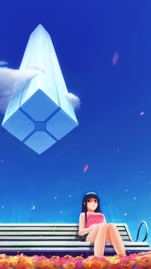 Anime girl sitting on a bench under a large structure