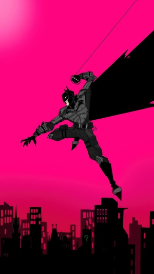 Batman in minimalist style with pink sky and city