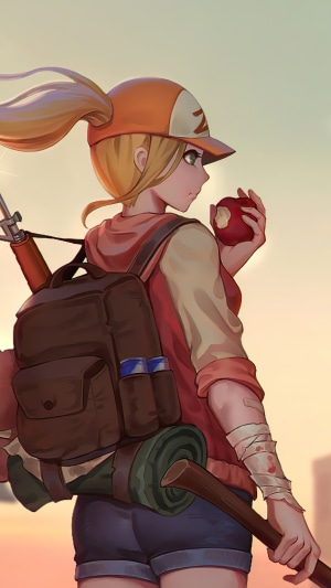 Girl with backpack and rifle eating an apple