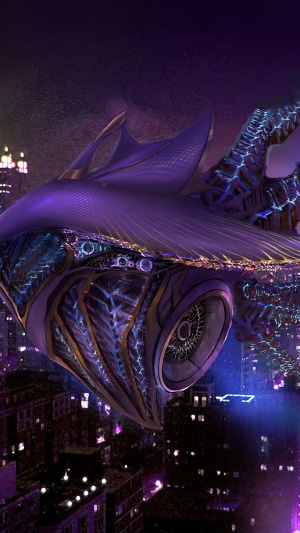 Purple Sci-fi Spaceship Over City