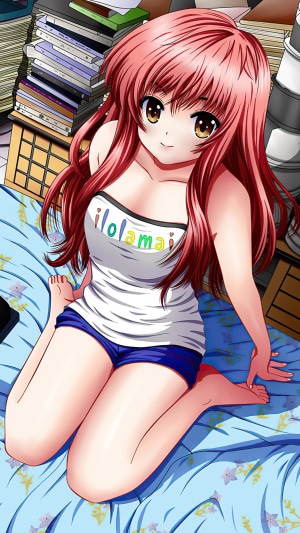 Anime girl with pink hair wearing a tank top and shorts